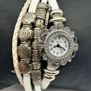 Strada Women's Silver Tone White Bohemian-Style Wrap Bracelet Watch New Battery